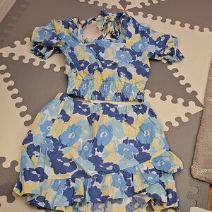 Floral Blue and Yellow Kids Top And Skirt Matching Set